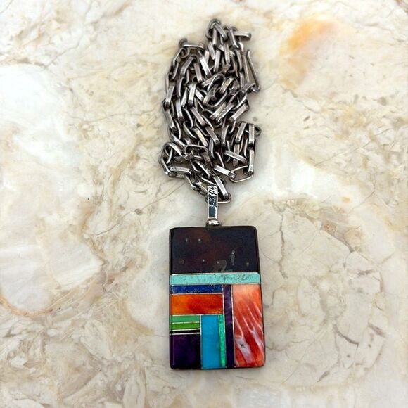 FJ Henry Signed Navajo Reversible Sterling Silver Turquoise Multi-Stone Necklace - Picture 2 of 14